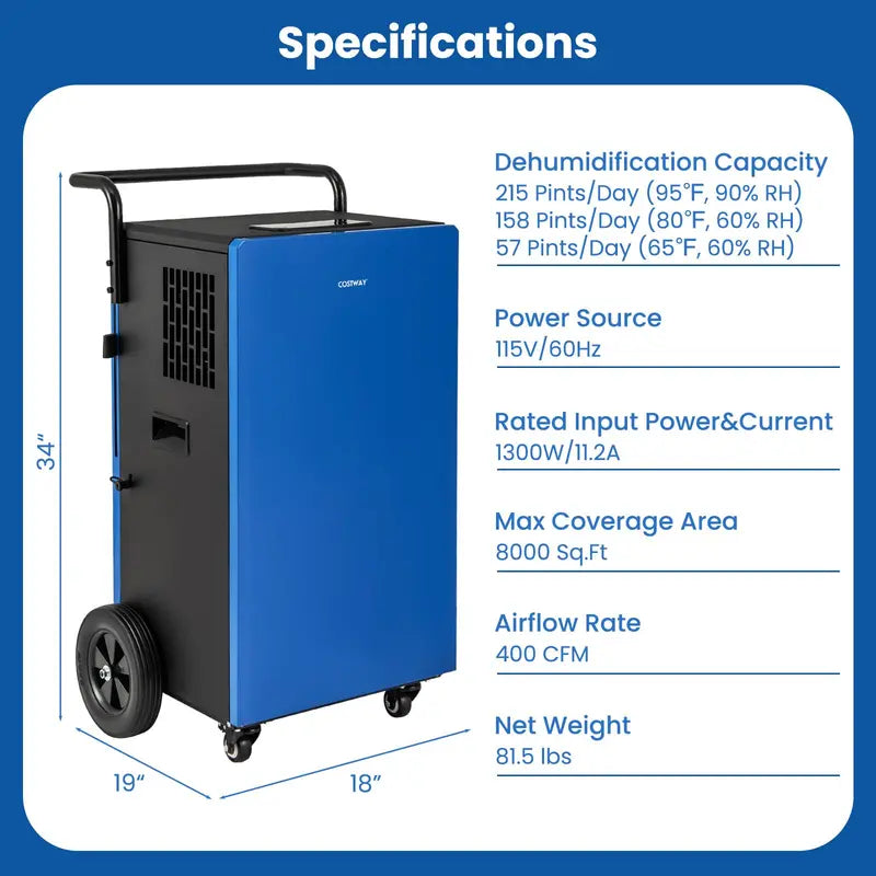 215-Pint Industrial Dehumidifier  Heavy-Duty Commercial Unit with Drain Hose & 24-Hour Timer