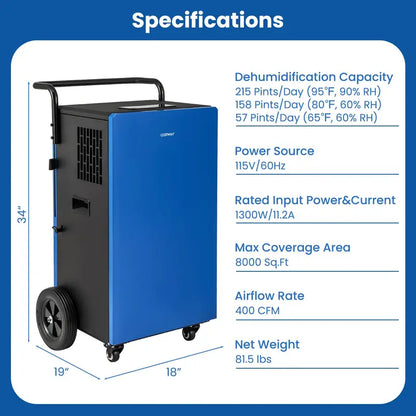 215-Pint Industrial Dehumidifier  Heavy-Duty Commercial Unit with Drain Hose & 24-Hour Timer