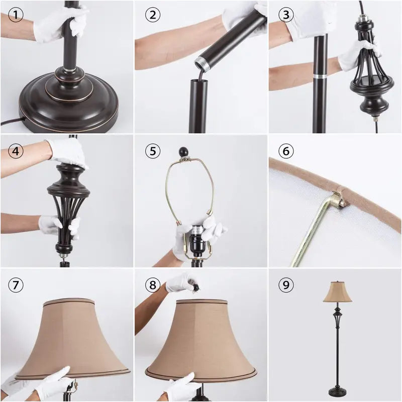 Smeike 3 Pack Vintage Style Table and Floor Lamp Set in Bronze Finish with Brown Fabric Lamp Shades