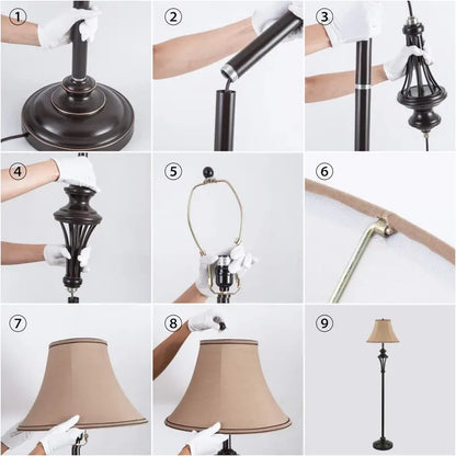Smeike 3 Pack Vintage Style Table and Floor Lamp Set in Bronze Finish with Brown Fabric Lamp Shades
