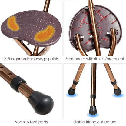 Adjustable Folding Cane Seat  Aluminum Alloy Crutch Chair with LED Light and Tripod Base