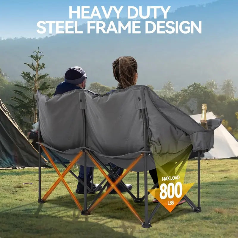 Double Camping Loveseat Chair  Heavy-Duty 2-Person Folding Sofa with Cup Holders & Carry Bag