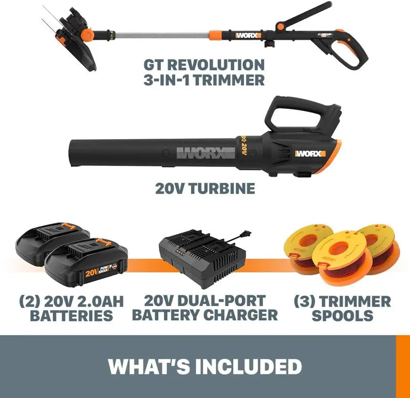 WORX GT Revolution 12″ Cordless String Trimmer & Turbine Leaf Blower  20V Power Share Kit with Batteries & Charger