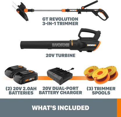 WORX GT Revolution 12″ Cordless String Trimmer & Turbine Leaf Blower  20V Power Share Kit with Batteries & Charger