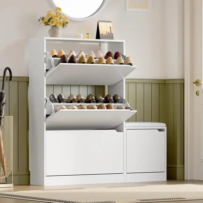 Discreet Freestanding Wood Shoe Cabinet with Three Concealed Flip Drawers