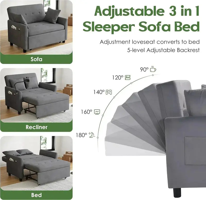 Compact 3-in-1 Loveseat Sleeper Sofa  Pull-Out Convertible Couch for Small Living Areas