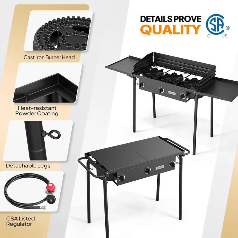 ROVSUN Portable 3-Burner Propane Stove  Compact Cooking Station with Dual Side Shelves
