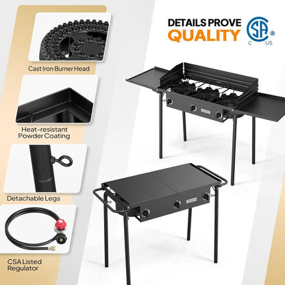 ROVSUN Portable 3-Burner Propane Stove  Compact Cooking Station with Dual Side Shelves