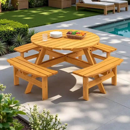 8-Person Fir Wood Picnic Set  Round Patio Table with 4 Built-In Benches & Umbrella Hole