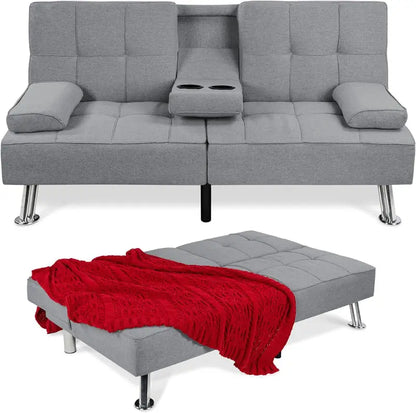 Compact Gray Linen Futon Sofa Bed  Foldable Modern Design with Detachable Armrests, Sturdy Metal Frame & Built-in Cup Holders