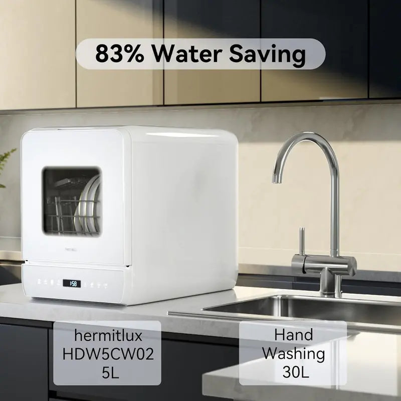 Hermitlux Countertop Mini Dishwasher  7-Program Portable Unit with 5L Built-in Tank, LED Display, Glass Door, No Plumbing Required