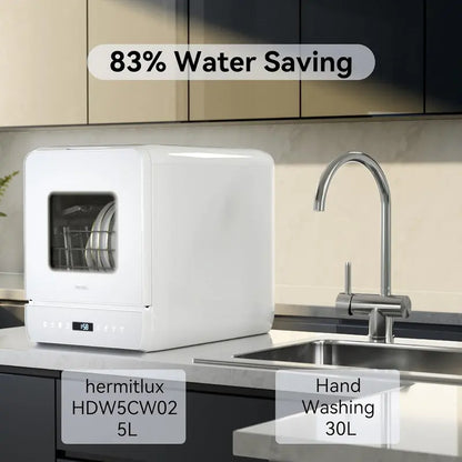 Hermitlux Countertop Mini Dishwasher  7-Program Portable Unit with 5L Built-in Tank, LED Display, Glass Door, No Plumbing Required