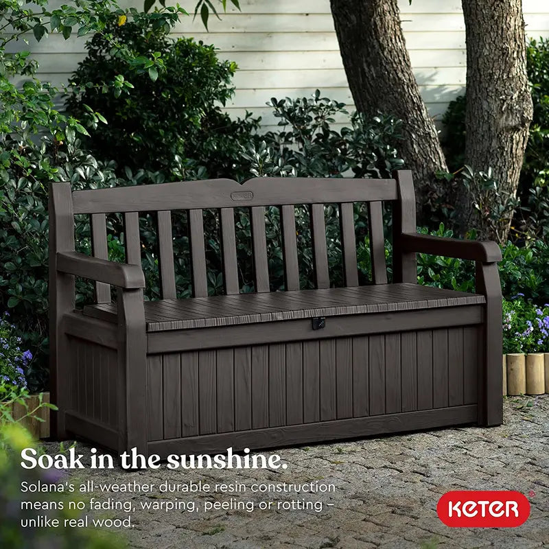 Keter Solana 70-Gallon Outdoor Storage Bench  Weather-Resistant Deck Box for Patio, Garden Tools & Pool Toys