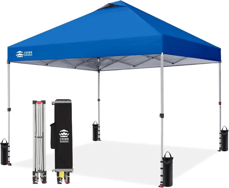 CROWN SHADES 10′ x 10′ Beach Canopy Tent: One-Push Deployment, Silver-Coated UV-Reflective Top, Three-Height Adjustment, and Sandbag Stability System