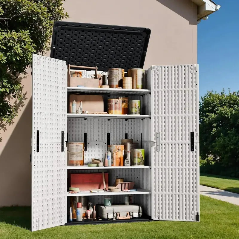Greesum Horizontal Resin Storage Shed  27 Cu. Ft. Weather-Resistant Outdoor Cabinet for Patio or Garden