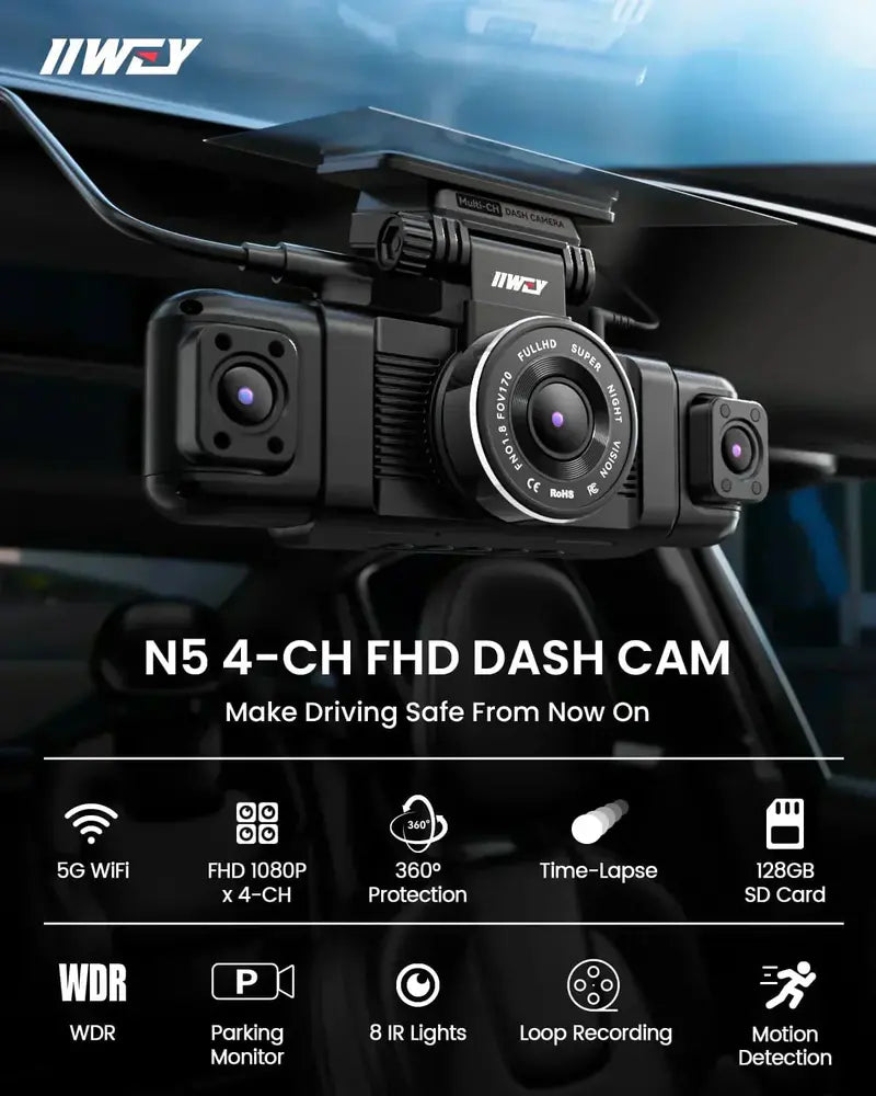 Channel 360° Surround View Dash Cam  1080P Front/Rear + Interior Left/Right Camera System