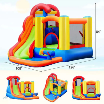 6-in-1 Inflatable Water Play Center  Bounce House with Slide, Trampoline Deck & 740W High-Flow Air Blower