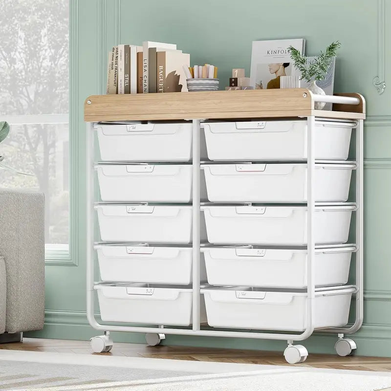 10-Drawer Rolling Craft Cart  Wooden Top Utility Organizer with Casters for Home, Office, or Classroom