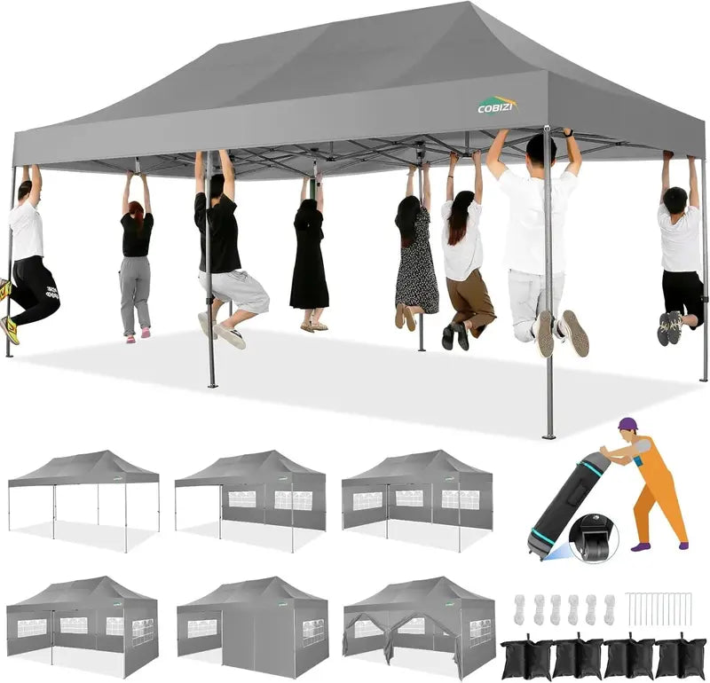 COBIZI Heavy-Duty 10×20 FT Pop-Up Canopy Tent  6 Wind-Resistant Sidewalls, Black Frame, Roller Bag