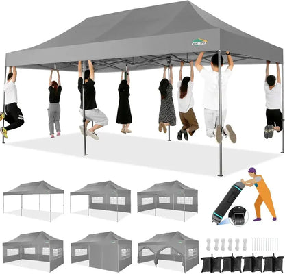 COBIZI Heavy-Duty 10×20 FT Pop-Up Canopy Tent  6 Wind-Resistant Sidewalls, Black Frame, Roller Bag