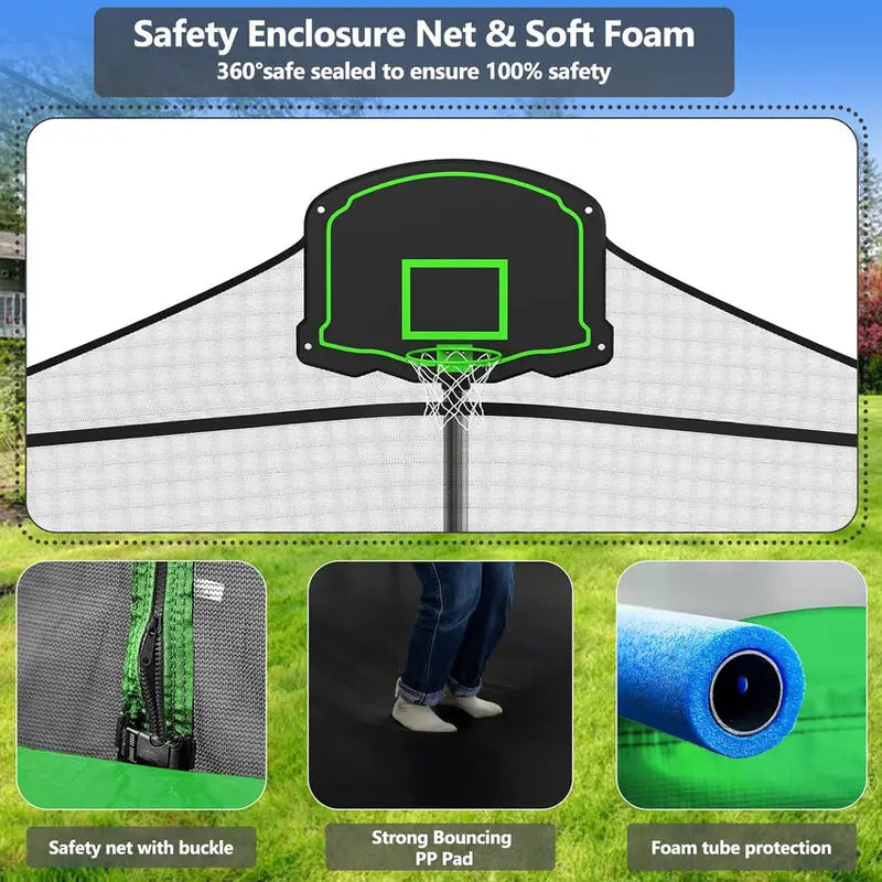 16-Foot Upgraded Trampoline with Enclosure Net and Adjustable Basketball Hoop