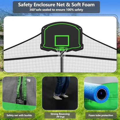 16-Foot Upgraded Trampoline with Enclosure Net and Adjustable Basketball Hoop