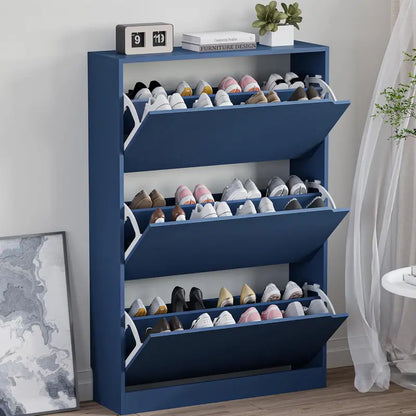 Discreet Freestanding Wood Shoe Cabinet with Three Concealed Flip Drawers