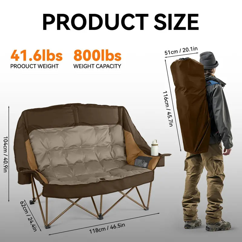 Low-Profile Double Camping Loveseat  High-Back Support, 800 lb Rating, Cup Holders & Carry Bag
