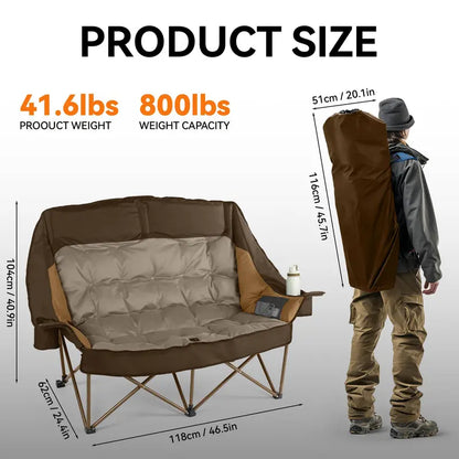 Low-Profile Double Camping Loveseat  High-Back Support, 800 lb Rating, Cup Holders & Carry Bag