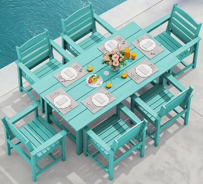 SERWALL 7-Piece Blue HDPE Outdoor Dining Set with Umbrella Hole and Stackable Chairs
