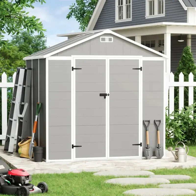 All-Weather Resin Storage Shed  Spire-Style Outdoor Tool Shed (6’x4′, 6’x8′, 8’x6′, or 8’x10′) with Floor Included