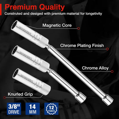 WORKPRO Magnetic Swivel Spark Plug Socket Set  3-Pc Thin-Wall 14mm + 6″ & 10″ Extensions