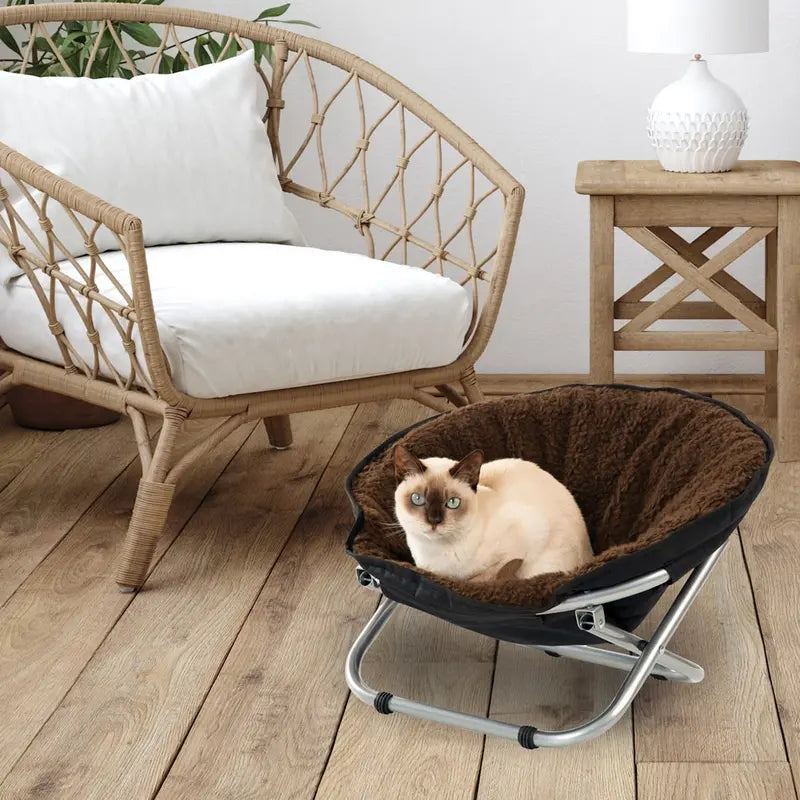 Folding Pet Cot Chair  Cat Bed, Brown Fleece Top Papasan Chair for Sm