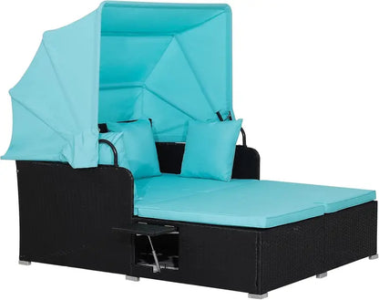 RELAX4LIFE 2-Person Rattan Patio Daybed with Retractable Canopy, Cushions, Pillows &amp; Side Trays (Turquoise)