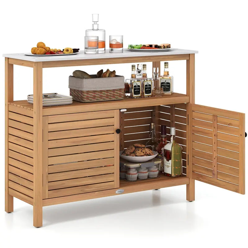 Garden Potting Bench with Storage  Two-Door Acacia Cabinet & Faux Marble Work Surface