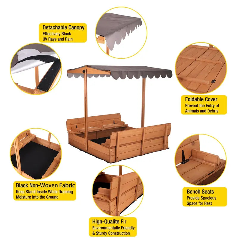 Morgete 47” Outdoor Sandbox for Kids with Lid and Bench, Wooden Sand Play Toys Center