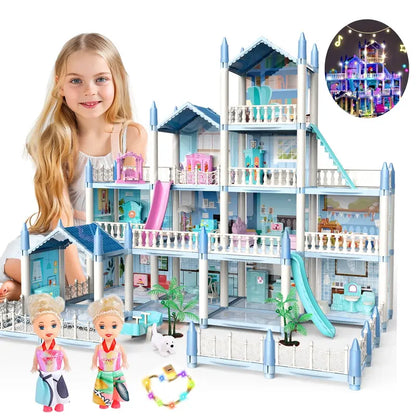 JoyStone 14-Room Kids Dollhouse with Colorful Lights, Includes 2 Dolls, Creative Blue Gift for Girls