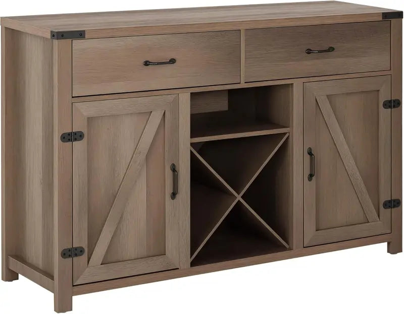 Dark Brown Oak Wine & Coffee Bar Cabinet  Sliding Barn-Door Sideboard with Drawers, Racks, and Distressed Finish