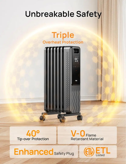 Oil-Filled Electric Radiator Heater with Digital Thermostat and Safety Auto-Shutoff