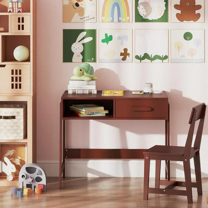 Wooden Kids’ Desk & Chair Set  Ergonomic Student Study Table with Hutch, Storage Drawer, and Matching Chair for Ages 3+ (White)