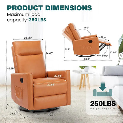 Extra-Large Swivel Rocking Recliner with Extended Footrest | High-Back Grey Upholstered Glider for Nurseries, Bedrooms, or Living Areas — Deep-Seat Comfort Design