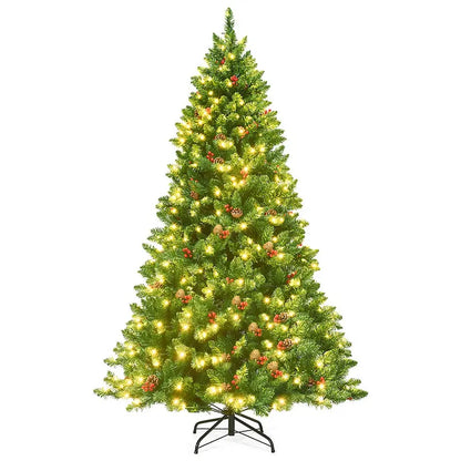 6.5-Foot Pre-Lit Christmas Tree with 1100 Branch Tips, Pine Cones & Red Berries