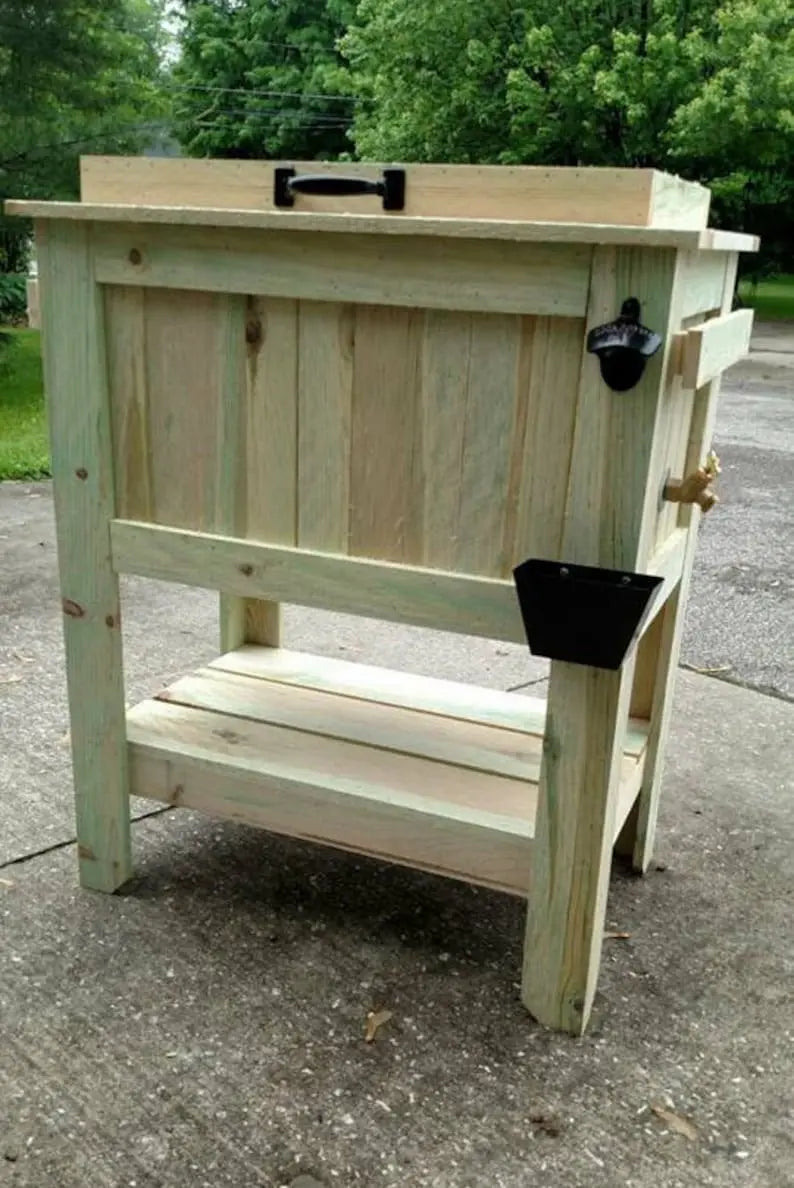 All-Weather 48-Quart Antiqued Cedar Beer Cooler Stand with Brass Drain and Bottle Opener