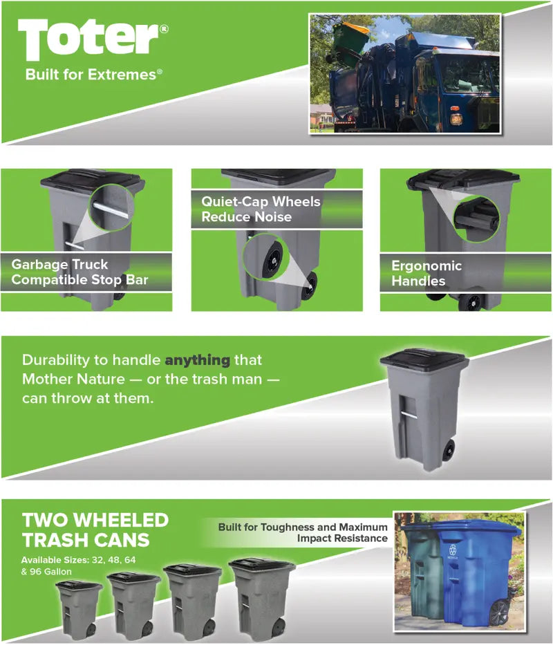 Toter 32-Gallon Greenstone Trash Can  Heavy-Duty Indoor/Outdoor Bin with Quiet Wheels, Hinged Lid, and Weather-Resistant Build