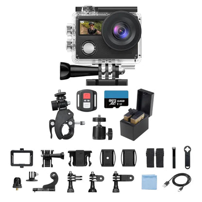 Dual-Screen 4K Action Camera Kit with Waterproof Housing, WiFi, and Mount Accessories