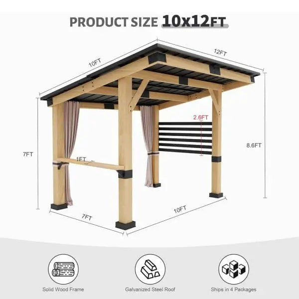 10′ x 12′ Premium Cedar Hardtop Gazebo  All-Season Outdoor Structure with Metal Roof & Back Curtains