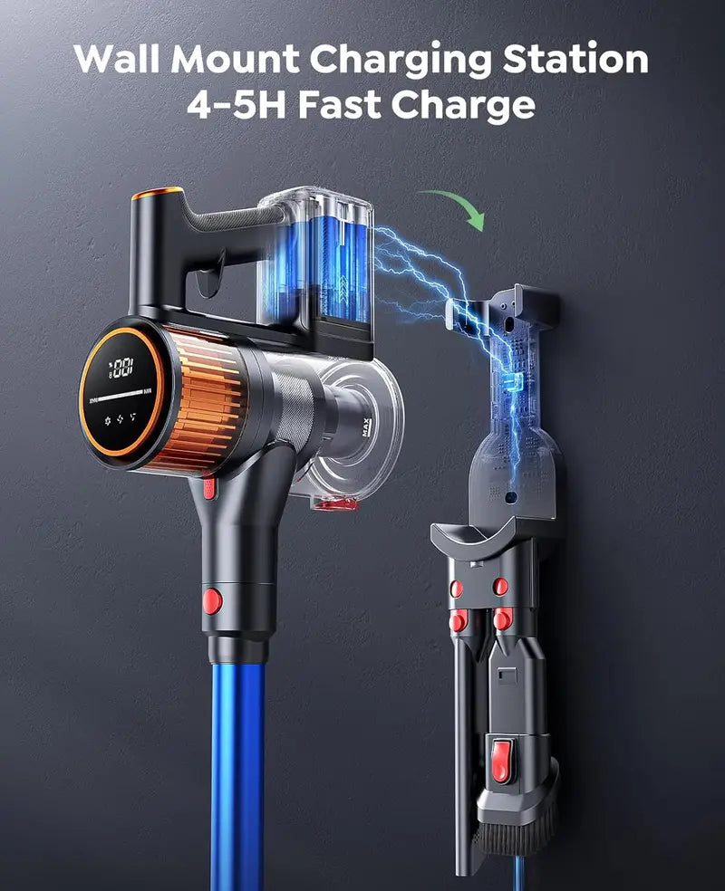 High-Performance Cordless Stick Vacuum  550W Motor, 45 kPa Suction, 60-Min Runtime, Wall-Mount Charging & Self-Standing Design
