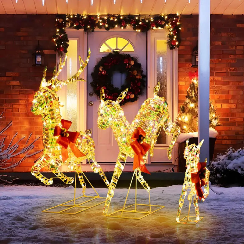 Three-Light LED Reindeer Set — Festive Outdoor Xmas Decor with Red Bows