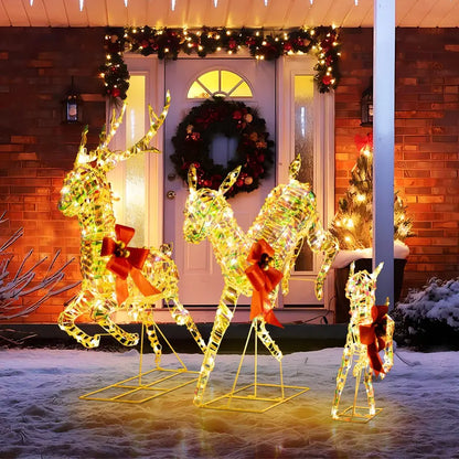 Three-Light LED Reindeer Set — Festive Outdoor Xmas Decor with Red Bows