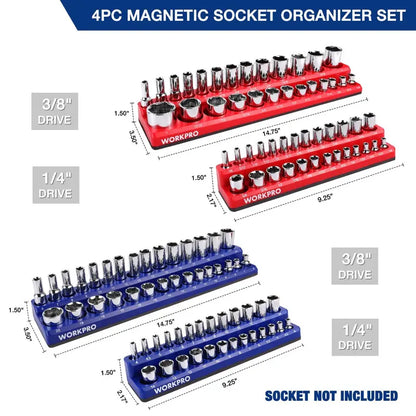 WORKPRO Compact Magnetic Socket Tray Set  4-Piece Organizer for 1/4″ and 3/8″ Drives, Supports 108 Standard Socket Sizes